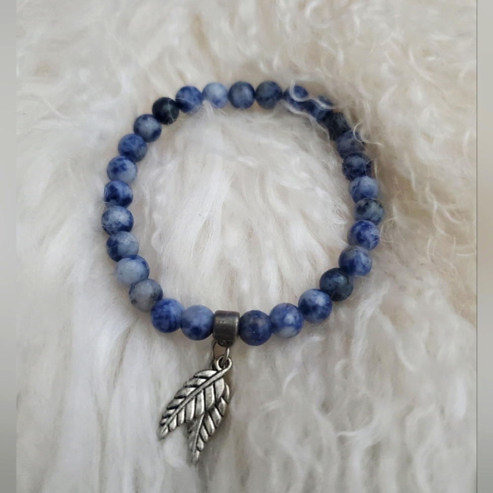 Blue Sodalite Beaded Bracelet with Silver Leaf Charm - NEW